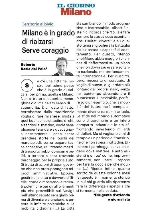 Il mio articolo su IL GIORNO dell'11 marzo 2021 - Roberto Rasia